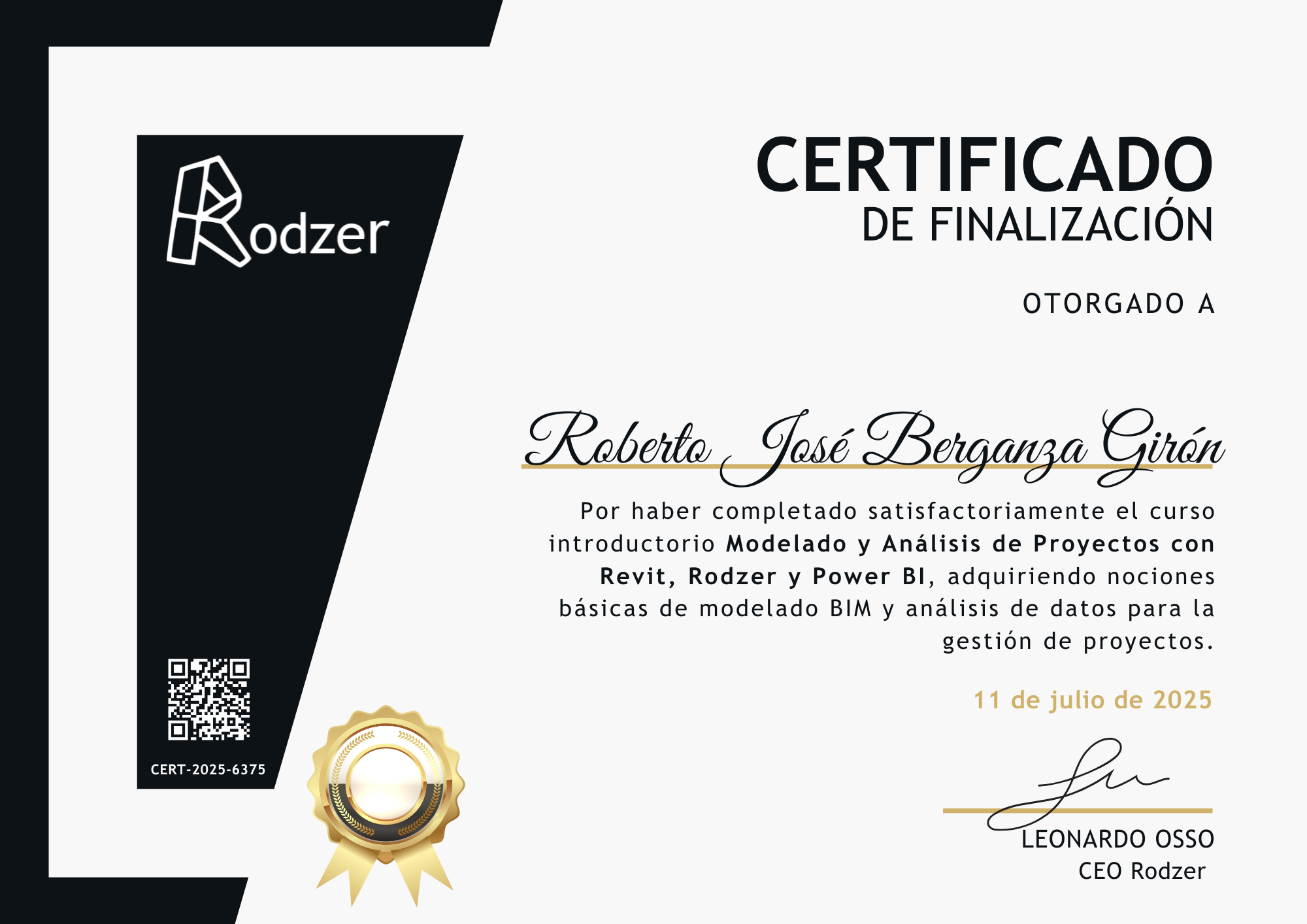 Certificate for ROBERTO BERGANZA